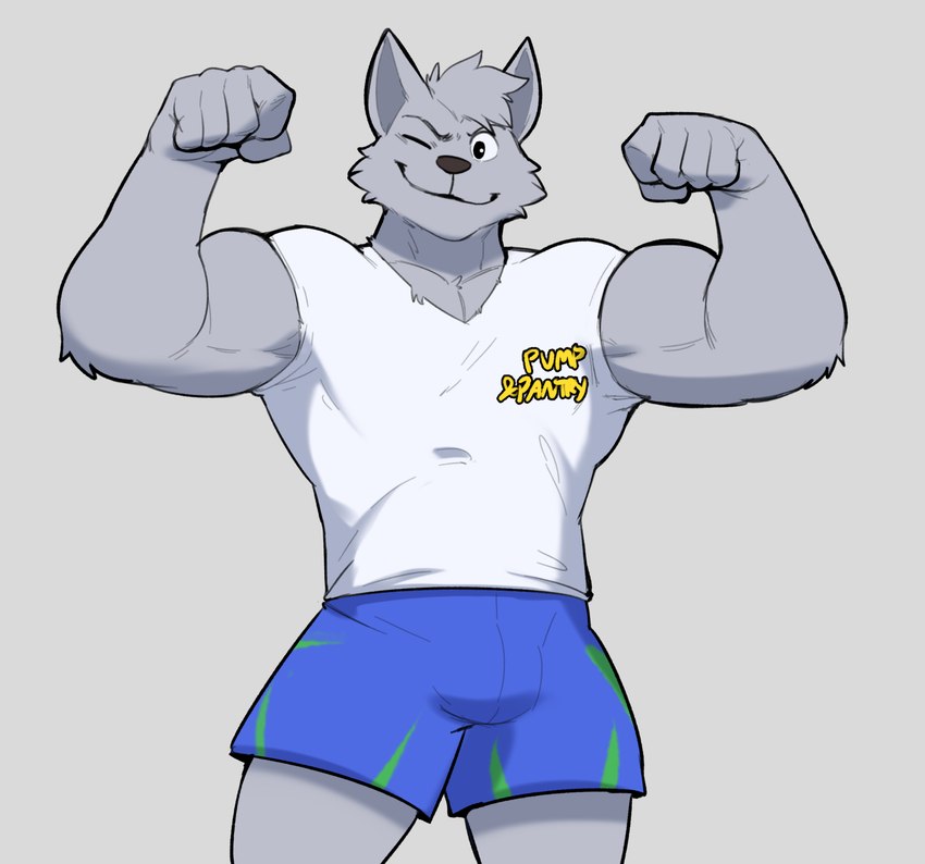 5_fingers anthro biceps black_nose blue_bottomwear blue_clothing blue_shorts bottomwear bulge clothing fingers fist flexing flexing_bicep flexing_both_biceps fur grey_body grey_fur looking_at_viewer male mascot muscular muscular_male one_eye_closed shirt shorts solo standing t-shirt text topwear v-neck white_clothing white_shirt white_t-shirt white_topwear wink yellow_text jrjresq pump_&_pantry bones_(pump_&_pantry) canid canine canis mammal wolf hi_res portrait three-quarter_portrait