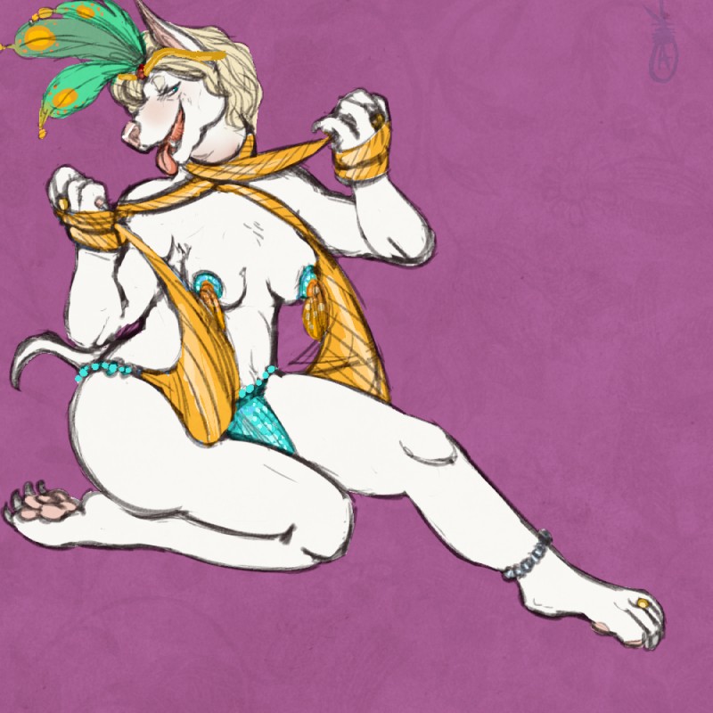 anthro asphyxiation biped blonde_hair blue_eyes blush breasts breath_play choking clothed clothing female fur hair looking_at_viewer nipple_tassels pasties sitting skimpy solo tassels tongue tongue_out white_body white_fur anapnea odette_(coffeestain) canid canine canis domestic_dog mammal 1:1 2016