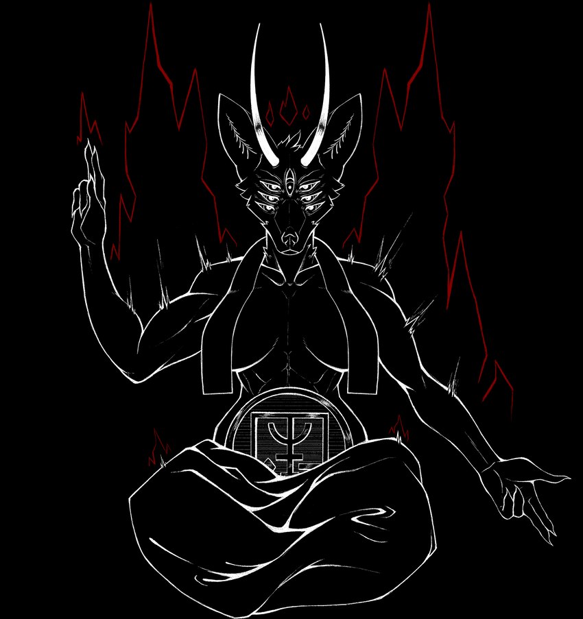 2_horns 5_claws 5_fingers 7_eyes abs anthro baphomet_pose bare_shoulders biceps biped breasts cheek_tuft claws clothed clothing collarbone curved_horn elemental_manipulation facial_tuft female female_anthro finger_claws fingers fire fire_manipulation front_view fur fur_tuft gesture hand_gesture horn inner_boob inner_ear_fluff long_horn looking_at_viewer lotus_pose multi_eye neck_tuft occult_symbol partially_clothed partially_clothed_anthro partially_clothed_female pointy_ears prick_ears sigil simple_background sitting snout solo symbol transparent_background tuft possumcrimes cc-by-sa creative_commons mythology scp_foundation whore_of_blood scp-6159-1 black-backed_jackal canid canid_demon canine canis demon hellhound jackal mammal mythological_canine mythological_creature 2023 absurd_res alpha_channel digital_media_(artwork) hi_res line_art official_art