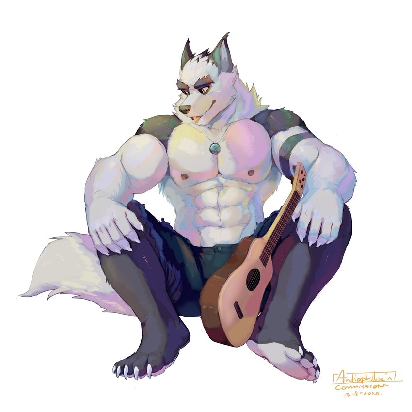 anthro black_body black_fur black_legs blep fur grey_body grey_fur guitar hands_on_knees hands_on_legs male musical_instrument plucked_string_instrument sitting solo string_instrument tongue tongue_out merfiller cx canid canine canis mammal wolf 1:1 hi_res