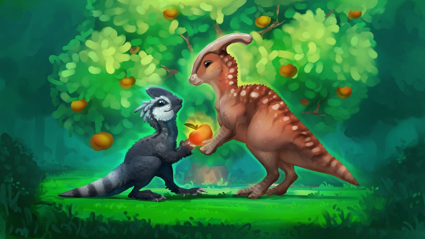 ambiguous_gender black_body black_fur brown_body brown_scales chibi claws duo feral food forest forest_background fruit fur grass grey_body grey_claws grey_fur nature nature_background plant scales size_difference tree white_body white_fur dsw7 dilophosaurid dilophosaurus dinosaur furred_dinosaur hadrosaurid ornithischian ornithopod parasaurolophus prehistoric_species reptile scalie theropod 16:9 hi_res widescreen