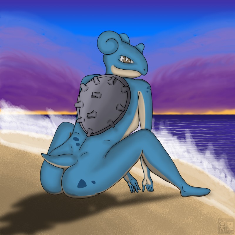 anthro anthrofied beach biped blue_body blue_skin breasts brown_eyes butt casual_nudity cloud countershading detailed_background electronics female game_console horn looking_at_viewer looking_back non-mammal_breasts nude outside pokemorph sand seaside shell side_boob sitting sky small_breasts smile solo spots text water gamemaniac nintendo nintendo_3ds nintendo_ds_family pokemon generation_1_pokemon lapras marine pokemon_(species) 1:1 2016 absurd_res english_text hi_res watermark