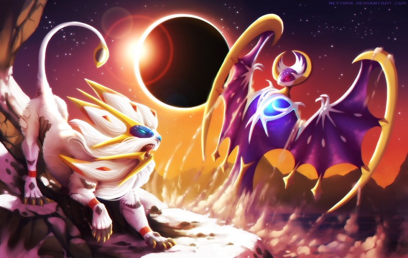 ambiguous_gender blue_eyes claws duo eclipse feral lens_flare open_mouth red_eyes sky star starry_sky teeth neytirix nintendo pokemon bat felid generation_7_pokemon legendary_pokemon lunala mammal pokemon_(species) solgaleo 2016 hi_res video_in_description