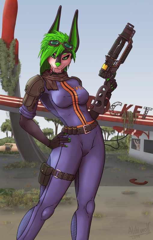 anthro armor big_breasts bodysuit breasts cameo clothing collar eyewear fangs female fur gas_station glasses glowing glowing_hair green_eyes green_hair hair laser long_hair long_teeth looking_at_viewer overgrown sabertooth_(anatomy) scarf seductive skinsuit solo teeth tight_clothing vault_suit weapon alibiwolf fallout microsoft coltron_(coltron20) vex_(alibiwolf) canid canine canis hybrid jackal mammal 2018 absurd_res hi_res