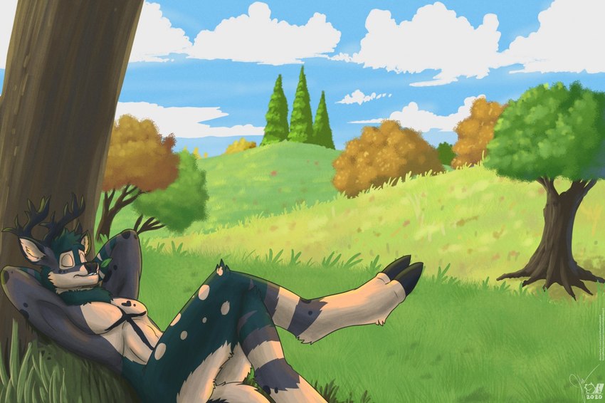 2_toes anthro antlers black_body black_eyebrows black_fur black_nose blue_sky brown_antlers butt_tuft cheek_tuft chest_tuft cloud countershade_face countershade_tail countershade_torso countershading cross_(marking) crossed_legs day detailed_background dipstick_ears ear_markings evergreen_tree eyebrows eyes_closed facial_markings facial_tuft feet foot_tuft fur grass green_body green_fur grey_body grey_fur hands_behind_head head_markings head_tuft heart_(marking) heel_tuft hill hooves horn knee_tuft leg_markings leg_tuft lying male markings multicolored_body multicolored_ears nude on_back outside pine_tree plant sky socks_(marking) solo spots spotted_markings tail tan_body tan_fur tan_inner_ear teeth toes tree tuft sammfeatblueheart graeson deer mammal 2020 shaded signature