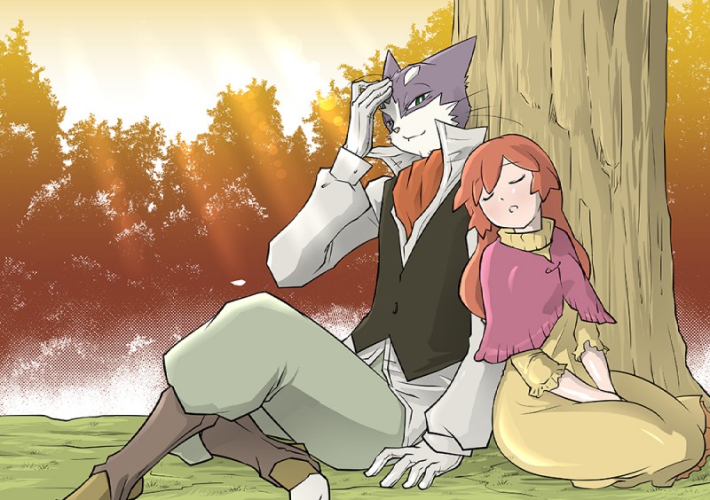 anthro duo female male sitting sleeping young miyatomo log_horizon nyanta serara_(log_horizon) domestic_cat felid feline felis human mammal digital_media_(artwork)