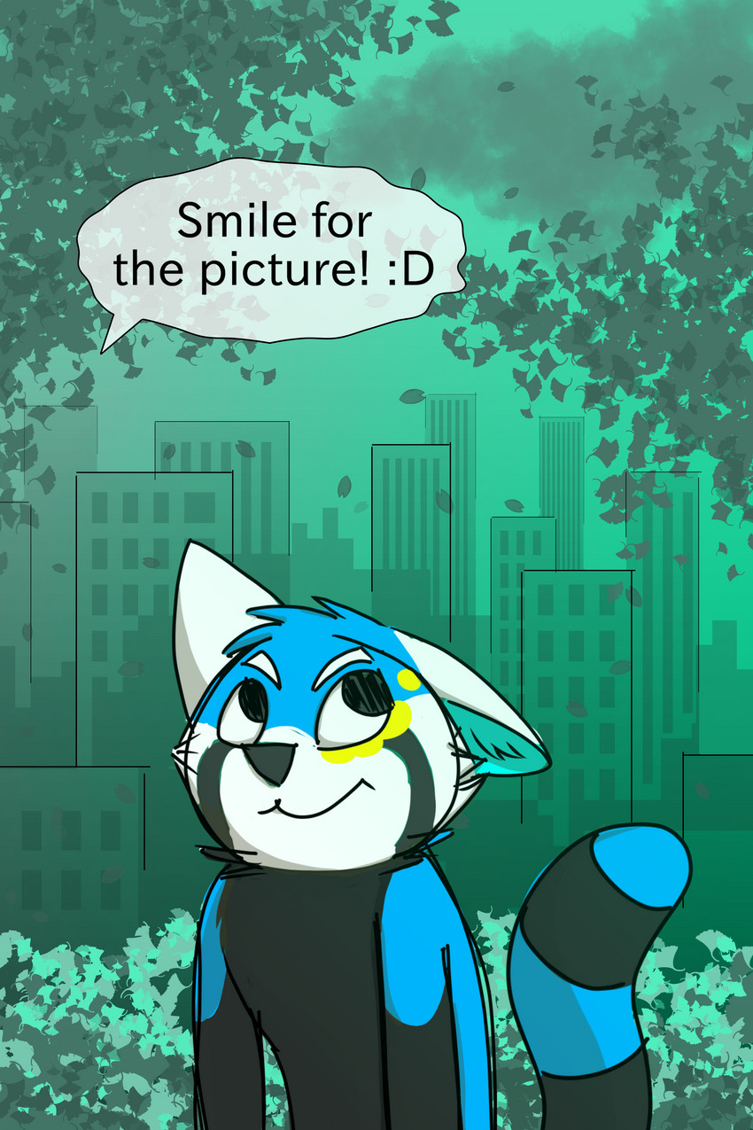 anthro attitude blue_body blue_fur eye_roll fur male offscreen_character sassy sky solo speech_bubble ailurid mammal red_panda 2:3 absurd_res half-length_portrait hi_res portrait