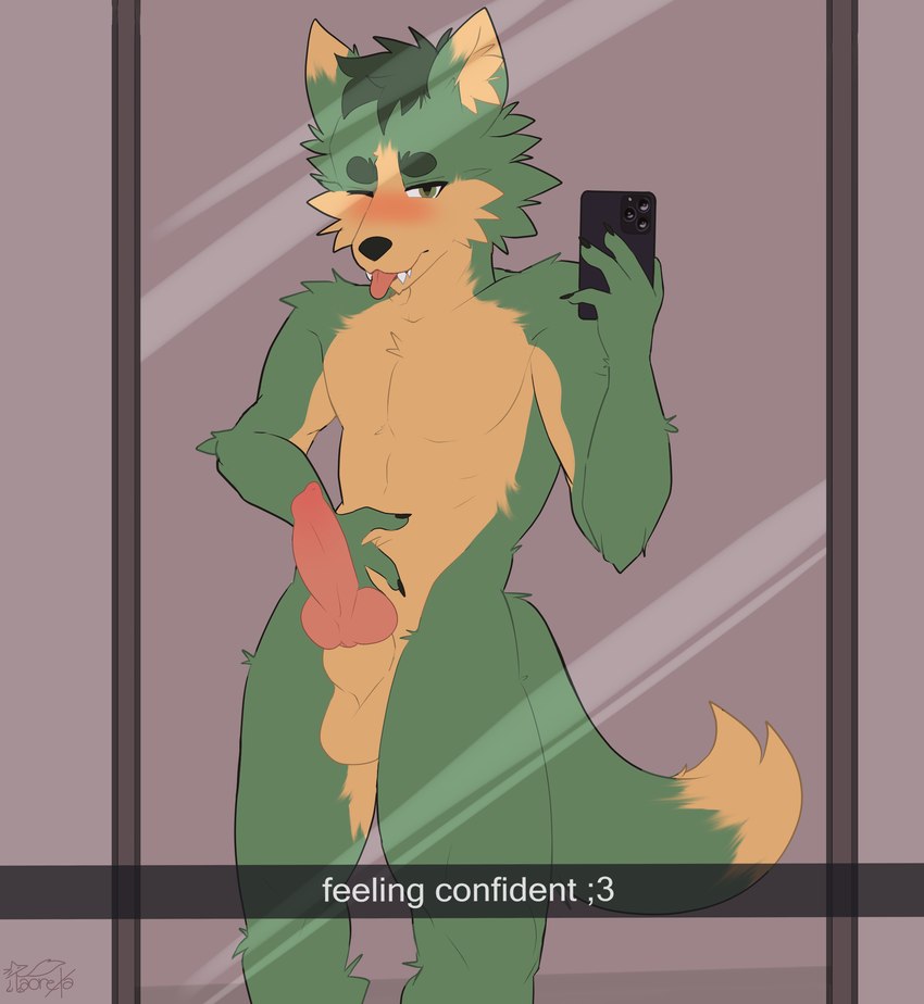 animal_genitalia animal_penis anthro balls blush canine_genitalia canine_penis cellphone chest_tuft electronics erection fur genitals green_body green_eyes green_fur green_hair hair inner_ear_fluff knot knotted_penis male mirror mirror_selfie multicolored_body multicolored_fur one_eye_closed orange_body orange_fur penis penis_tip phone posing_for_picture selfie sheath smartphone solo text tongue tuft wink conditional_dnp taoreta apple_inc. iphone snapchat rennok_(taoreta) canid canine canis mammal wolf absurd_res english_text hi_res