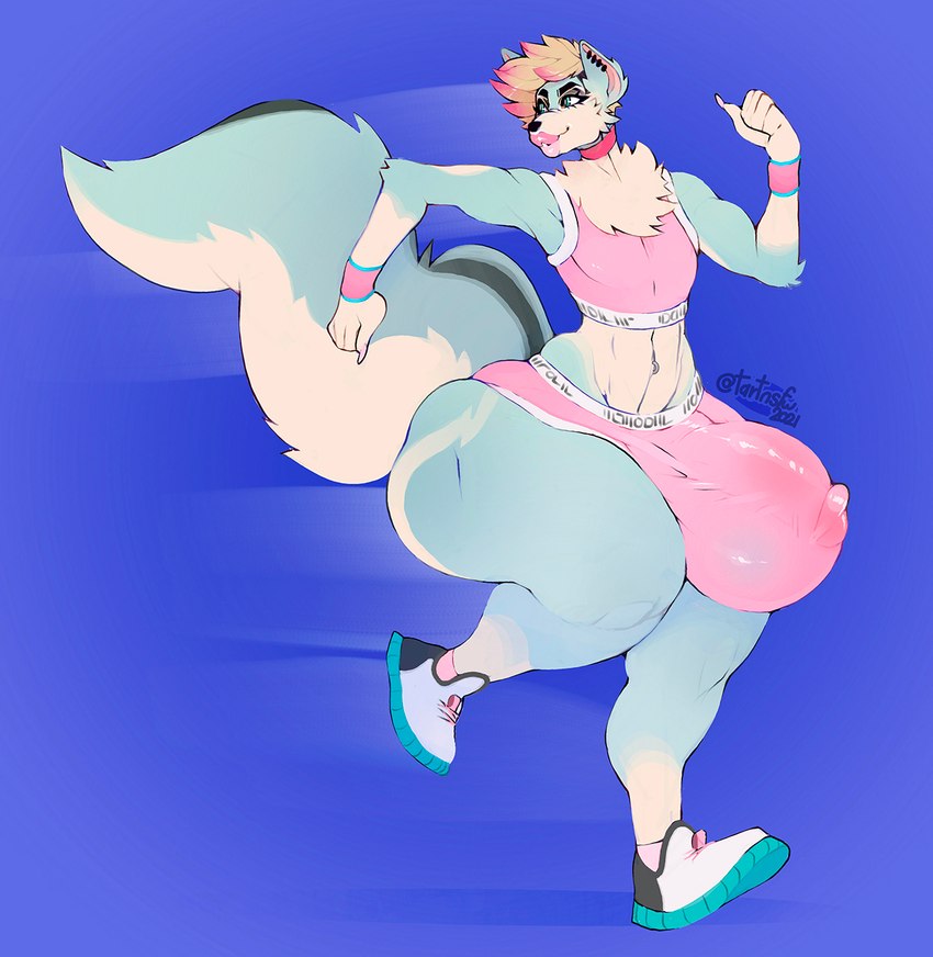 anthro athletic_wear balls big_balls big_butt big_penis blonde_hair blue_body blue_eyes blue_fur bottomwear bulge butt chest_tuft clothing colored_nails crop_top detailed_bulge ear_piercing femboy fluffy fluffy_tail footwear fur genital_outline genitals gym_bottomwear gym_shorts hair highlights_(coloring) huge_balls hyper hyper_balls hyper_genitalia lips looking_back male motion_lines muscular nails navel navel_piercing penis penis_outline piercing pink_hair pink_nails running running_shoes shirt shoes shorts simple_background smile sneakers solo sweatband tail text text_on_clothing thick_lips thick_thighs toned_stomach topwear tuft white_body white_fur tartnsfw kay-kay(kaibawolf) canid canine canis mammal wolf hi_res watermark