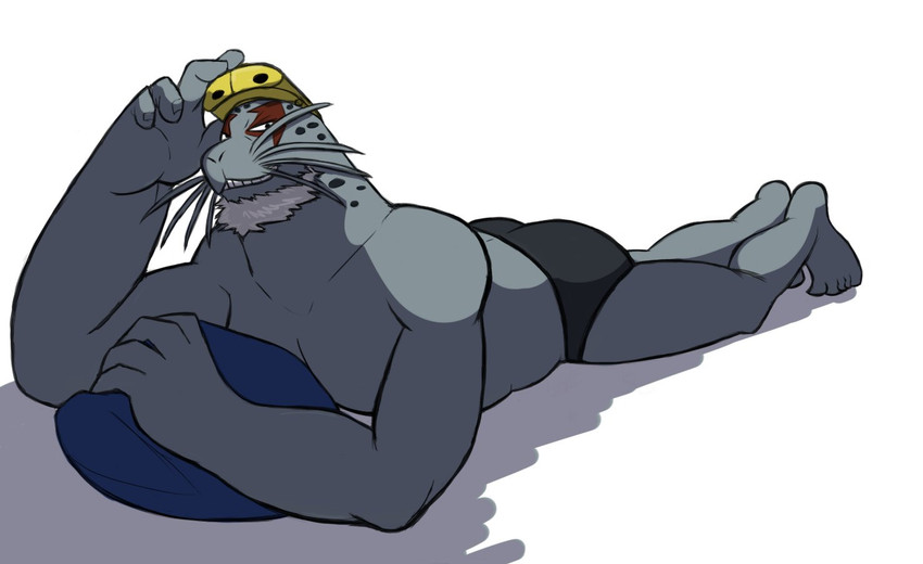 anthro beard black_clothing black_swimwear blue_object clothing eyewear facial_hair fur goggles grey_body grey_fur male open_mouth pillow red_body red_fur shadow simple_background smile solo speedo swimwear teeth_showing whiskers white_background thegreatmatsutzu my_hero_academia selkie_(my_hero_academia) mammal marine pinniped seal