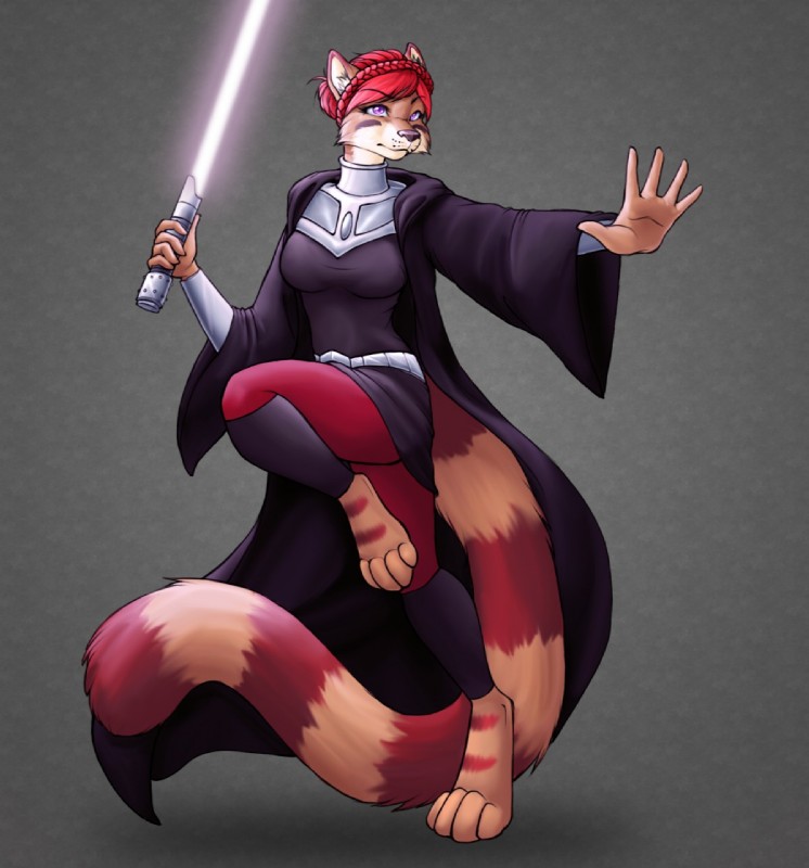 anthro barefoot clothed clothing feet female grey_background hair holding_object holding_weapon lightsaber long_tail markings melee_weapon paws pink_lightsaber pose purple_eyes red_hair ring_(marking) ringed_tail robe simple_background solo standing striped_markings striped_tail stripes tail tail_markings weapon clemikou star_wars perdia_detami andean_mountain_cat felid feline leopardus mammal full-length_portrait hi_res portrait