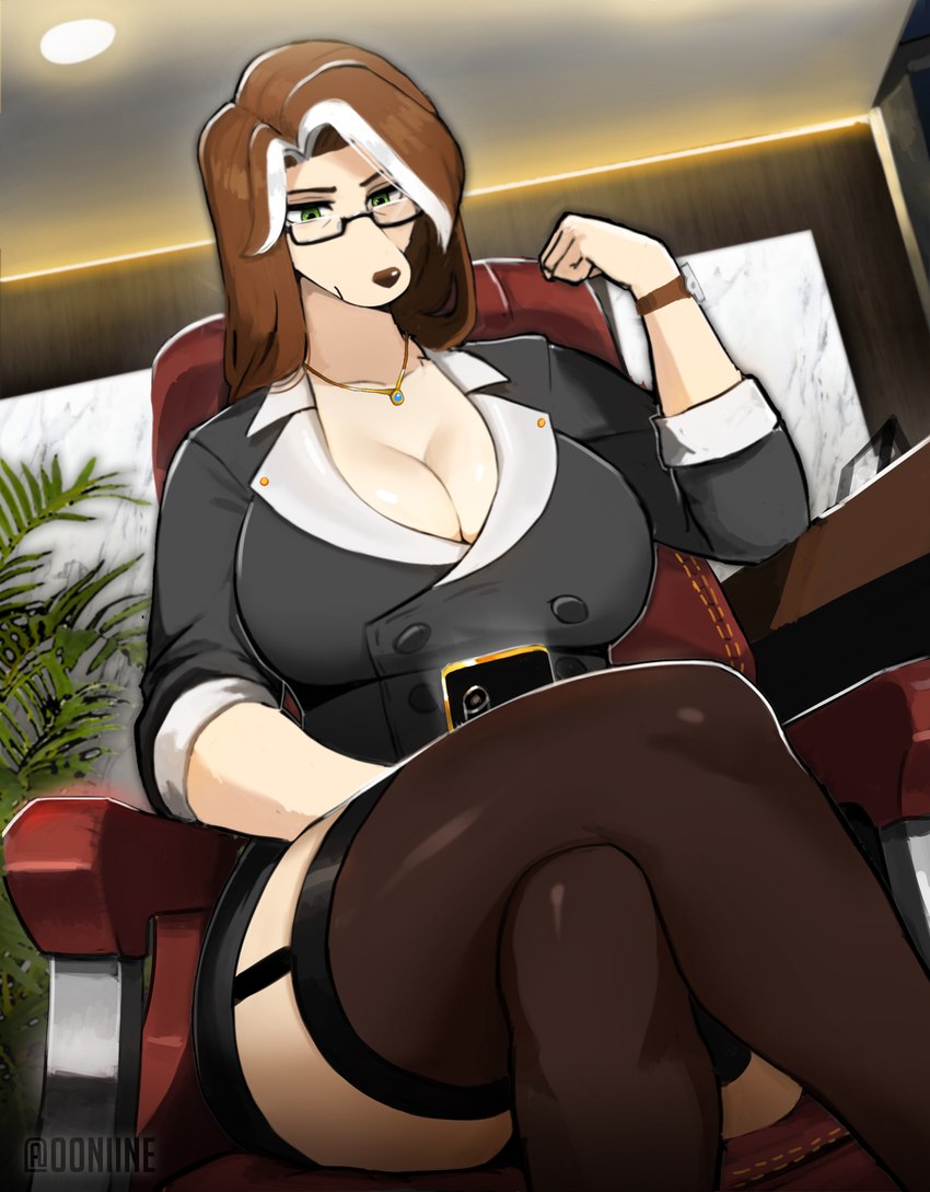 anthro big_breasts biped black_clothing bottomwear breasts brown_hair brown_nose chair clock clothed clothing crossed_legs electronics eyebrows eyelashes eyewear female fingers fully_clothed fur furniture glasses green_eyes hair highlights_(coloring) jewelry legwear long_hair looking_at_object looking_at_phone mature_female office office_lady on_chair pendant phone sitting sitting_on_chair solo stockings thick_thighs topwear watch white_body white_fur white_highlights wristwatch 00niine elysia_(00niine) canid canine canis domestic_dog mammal 2024 digital_media_(artwork) hi_res