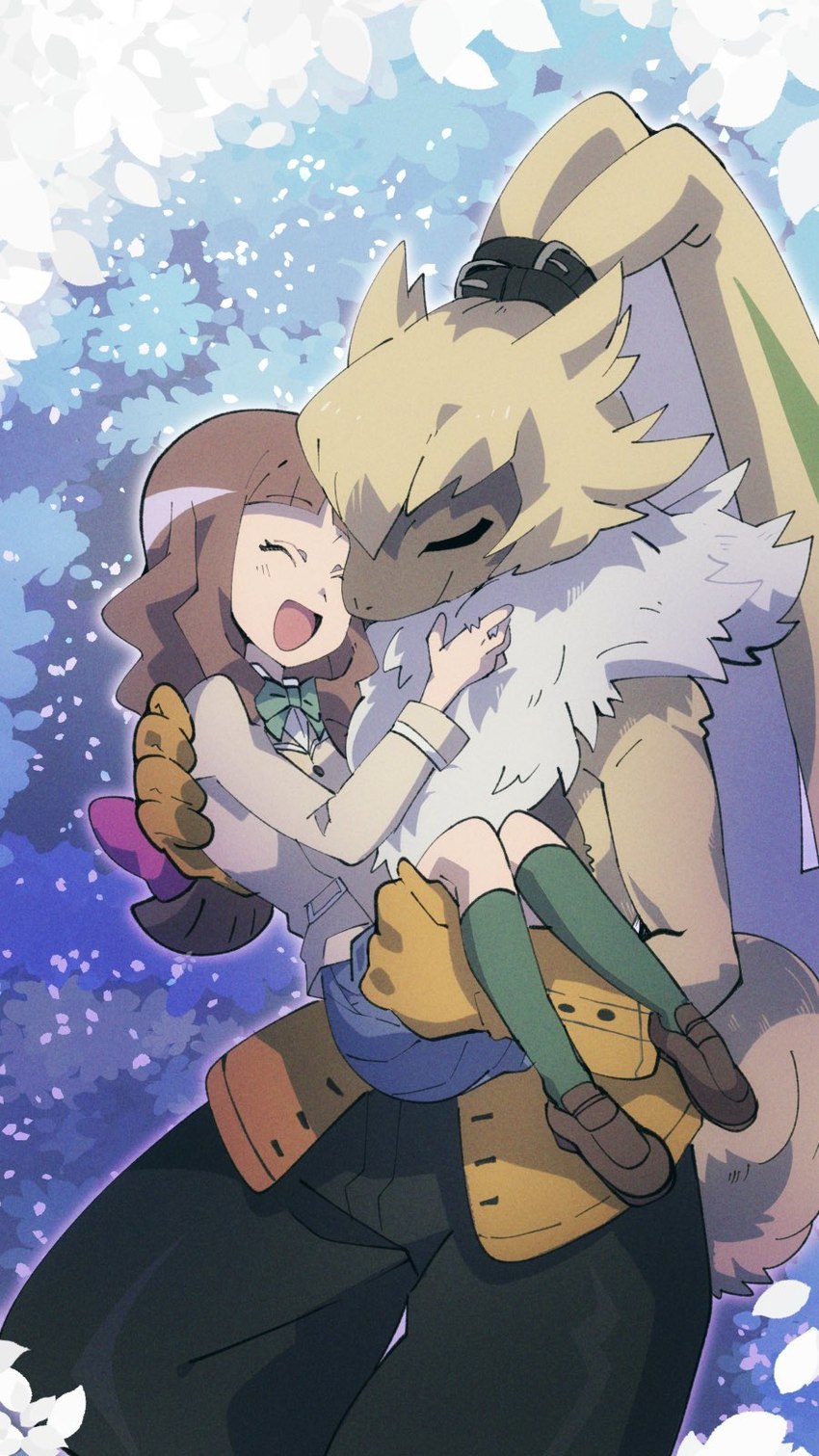 anthro bottomwear bridal_carry brown_hair carrying_another clothing duo female fur gloves hair handwear long_ears male pants ponytail_ears shirtless small_waist yellow_body yellow_fur kyuu_mai bandai_namco digimon digimon_ghost_game ruri_tsukiyono digimon_(species) human lagomorph leporid mammal rabbit symbareangoramon 9:16 hi_res