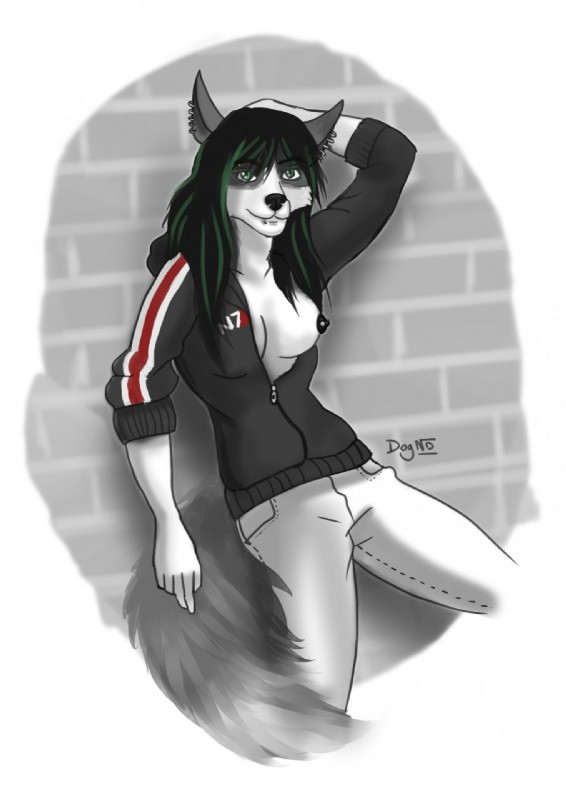 anthro areola biped black_hair black_nipples bottomwear breasts clothed clothing ear_piercing facial_piercing female flashing fur green_eyes green_highlights grey_body grey_fur hair highlights_(coloring) hoodie lip_piercing looking_at_viewer nipple_piercing nipples one_breast_out open_clothing open_hoodie open_topwear pants piercing smile solo standing topwear unzipped white_body white_fur zipper dognextdoor bioware electronic_arts mass_effect n7 canid canine mammal hi_res