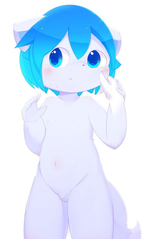 4_fingers ambiguous_gender anthro blue_body blue_eyes blue_hair blush body_blush cheek_pinch disembodied_hand duo fingers flaccid foreskin fur genitals glistening hair humanoid_genitalia humanoid_penis kemono male male/ambiguous navel nude penis shota simple_background small_penis solo_focus young young_anthro aoino spica_(aoino) canid canine canis domestic_dog mammal hi_res