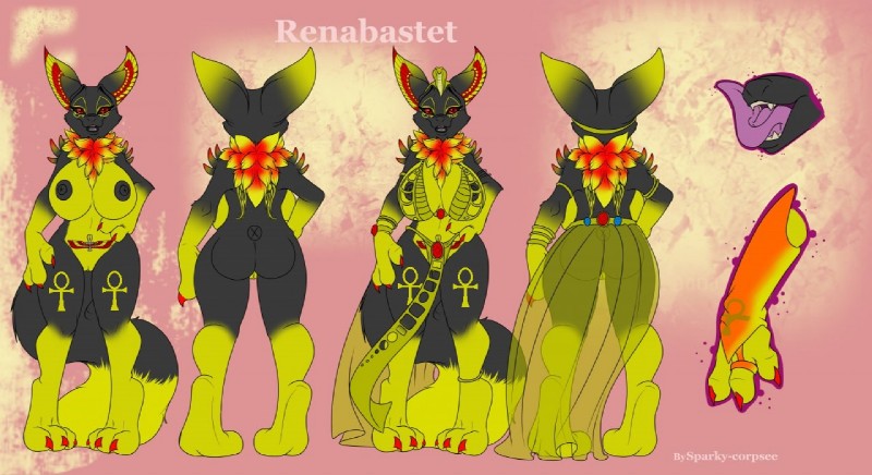 alternate_color anthro big_breasts black_body black_fur black_lips black_nipples black_sclera breasts butt clothed clothing female fur genitals lips long_tongue looking_at_viewer nipples nude off/on pussy solo tongue tongue_out yellow_body yellow_fur jesterghastly bandai_namco digimon fan_character renabastet canid canine digimon_(species) mammal renamon model_sheet signature