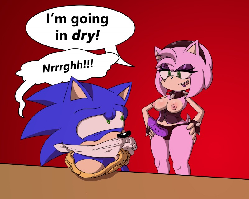 accessory anthro areola big_breasts big_eyes bound breasts dildo dominant dominant_female duo erect_nipples female green_eyes hair_accessory hairband imminent_sex lipstick makeup male nervous nipples sex_toy strapon submissive submissive_male toony sandunky sega sonic_the_hedgehog_(series) amy_rose sonic_the_hedgehog eulipotyphlan hedgehog mammal hi_res