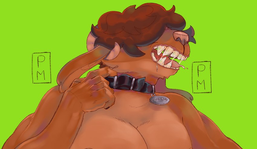 anthro bodily_fluids collar drooling male muscular muscular_male name_tag open_mouth saliva saliva_string solo micropaloma bovid caprine mammal