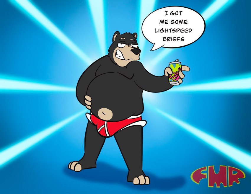 anthro barefoot beverage black_body black_fur blue_background briefs briefs_only bulge clothed clothing colored_seam_underwear detailed_background dialogue feet fur holding_beverage holding_object lightspeed_briefs male navel overweight overweight_male red_briefs red_clothing red_underwear simple_background slurm solo tan_body tan_fur text topless underwear underwear_only white_seam_briefs white_seam_underwear y-fronts foxmanad comedy_central futurama dom_(foxmanad) bear black_bear mammal ursine english_text signature