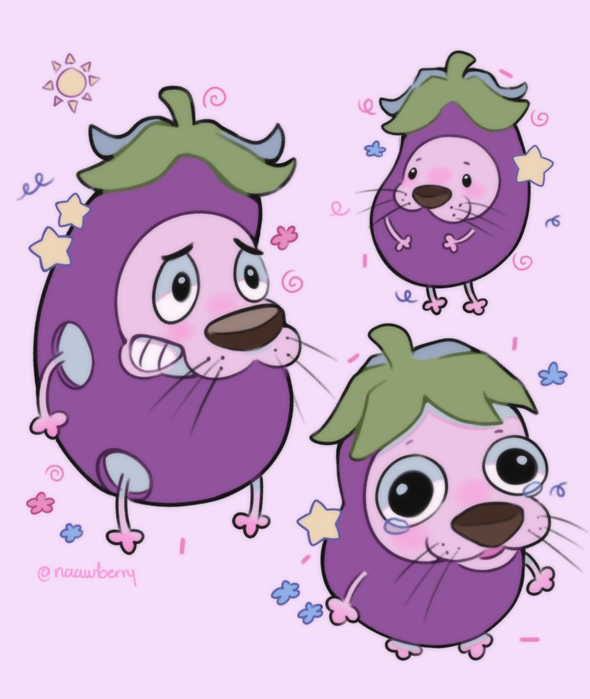 anthro big_eyes bodily_fluids clenched_teeth clothed clothing costume dot_eyes eggplant eggplant_costume food food_costume fruit grey_background male plant simple_background solo sparkles standing star sun tears teeth toony whiskers naawberry cartoon_network courage_the_cowardly_dog courage_the_cowardly_dog_(character) beagle canid canine canis domestic_dog hunting_dog mammal scent_hound 2024 hi_res