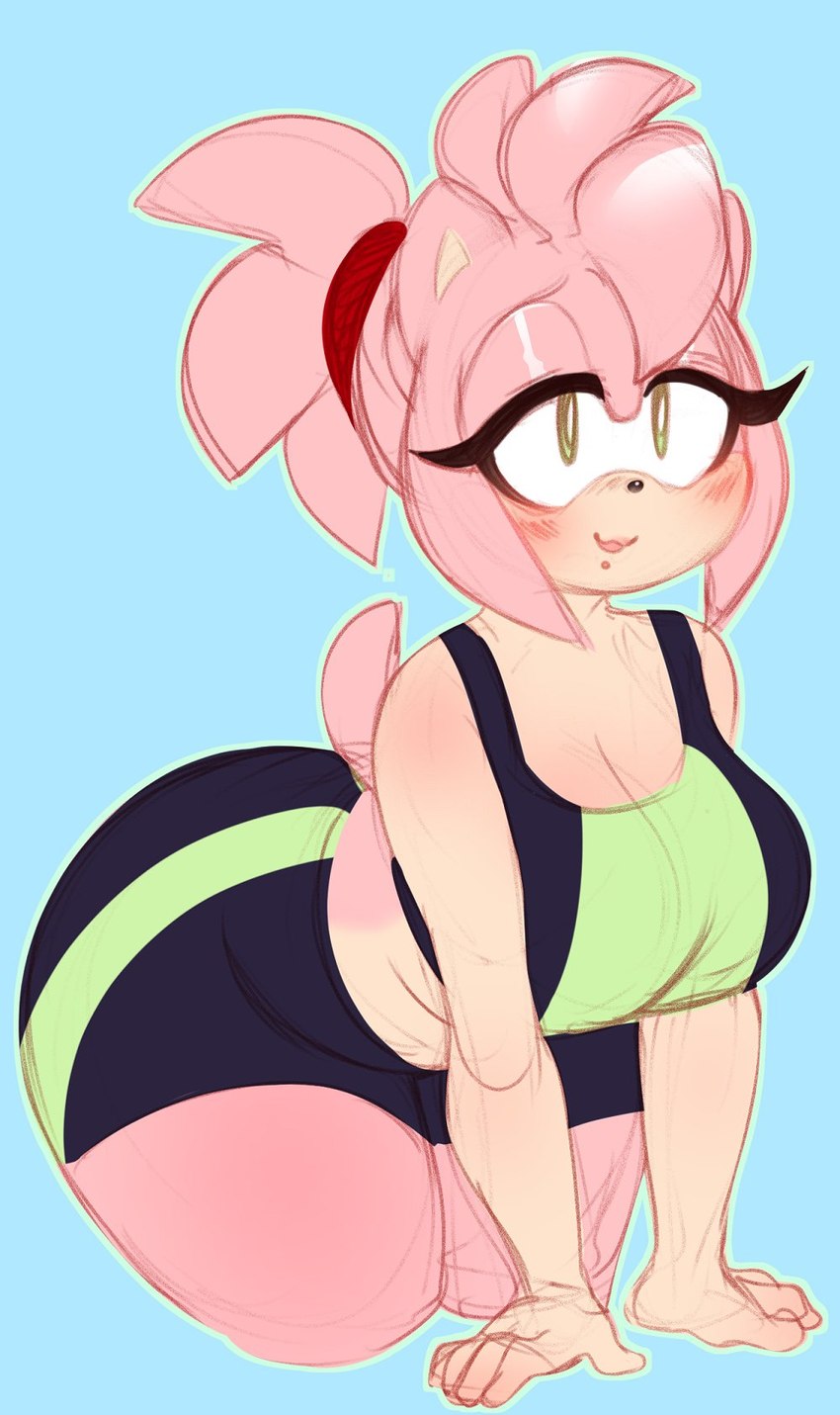 anthro bent_over blush bottomwear breasts cleavage clothed clothing crop_top eyelashes female fur green_eyes hair pink_body pink_fur ponytail shirt shorts tail thick_eyelashes thick_thighs topwear higgyy sega sonic_the_hedgehog_(series) amy_rose eulipotyphlan hedgehog mammal hi_res unavailable_at_source