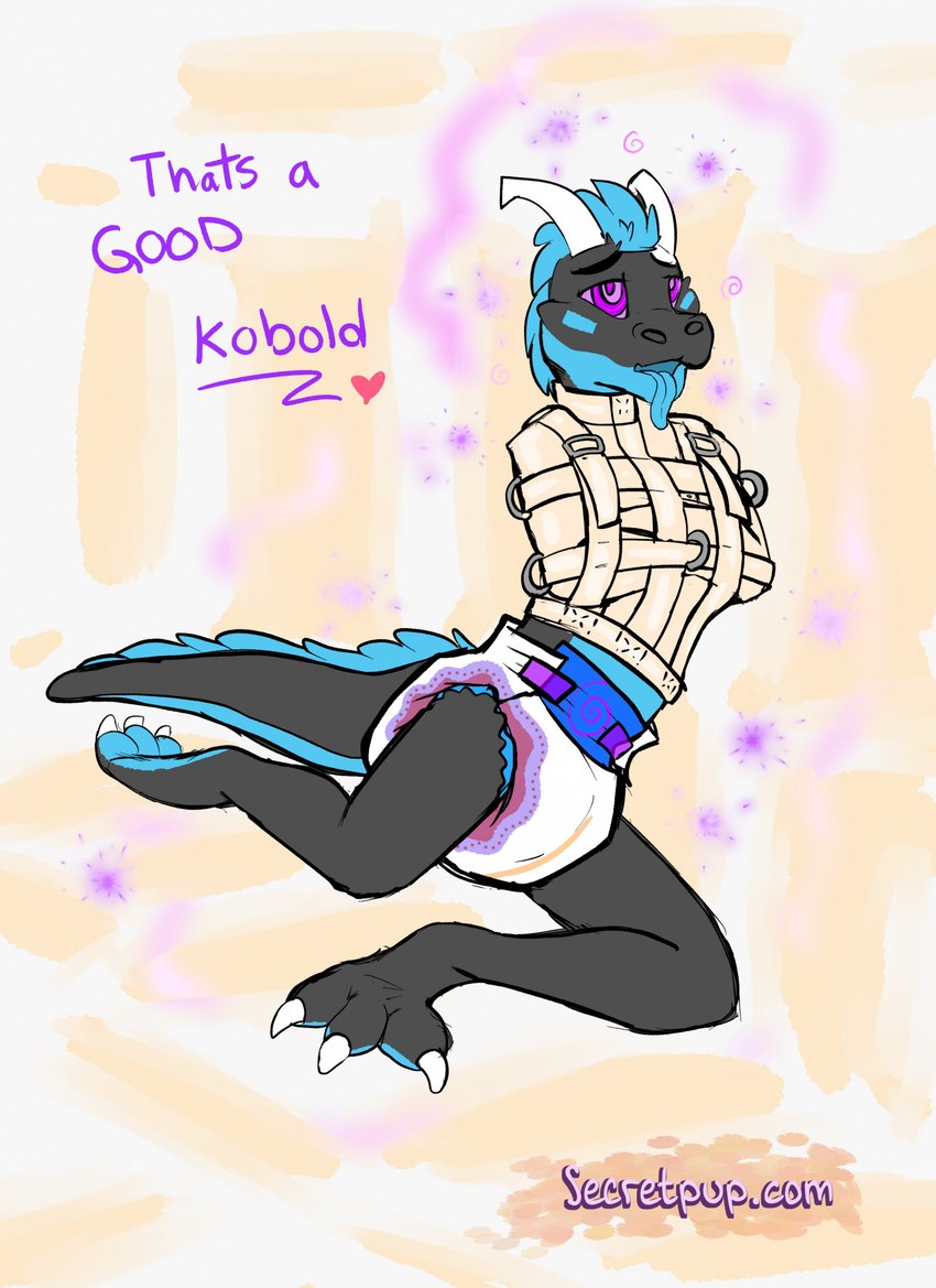 ambiguous_gender anthro clean_diaper clothed clothing diaper diaper_fetish half-closed_eyes horn hypnosis jacket mind_control narrowed_eyes padded padded_room padding restraints ringed_eyes solo straitjacket text tongue tongue_out topwear wearing_diaper wetness_indicator secretpup kobold english_text hi_res