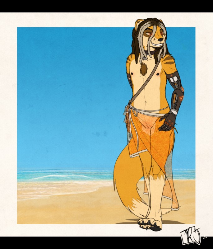 andromorph anthro beach clothed clothing detailed_background dreadlocks fur genitals hair intersex long_tail outside pussy sand sarong seaside sky solo tail translucent translucent_clothing rj-pilot rj herpestid mammal meerkat hi_res