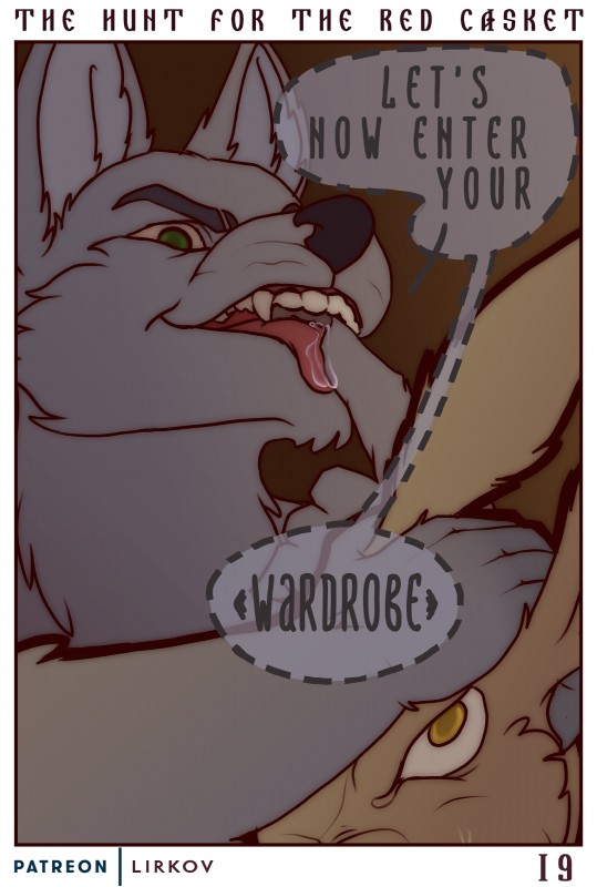 anthro bodily_fluids dialogue duo fur imminent_sex male open_mouth text tongue lirkov bueno canid canine canis hare lagomorph leporid mammal wolf 2019 absurd_res comic digital_media_(artwork) english_text hi_res