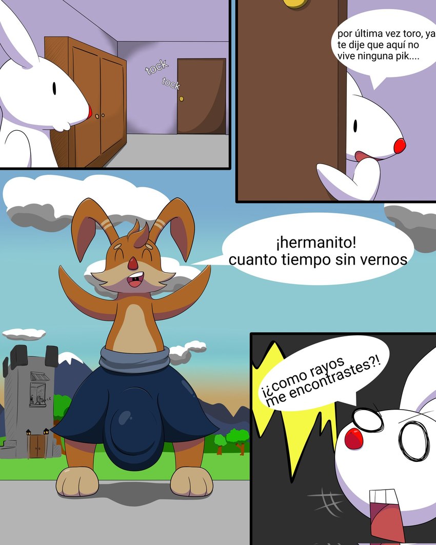 anthro big_bulge brown_body bulge detailed_bulge door duo huge_bulge knocking male red_nose shocked text white_body kuge benito_(kuge) lagomorph leporid mammal rabbit comic hi_res spanish_text translated