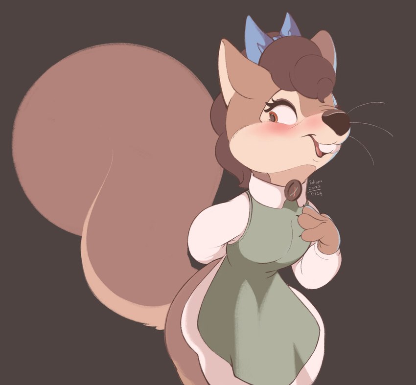 anthro blush brown_body brown_fur buckteeth clothed clothing female fur open_mouth open_smile smile solo teeth conditional_dnp tohupo surisu_(tohupo) mammal rodent sciurid tree_squirrel 2022 artist_name dated digital_media_(artwork) hi_res