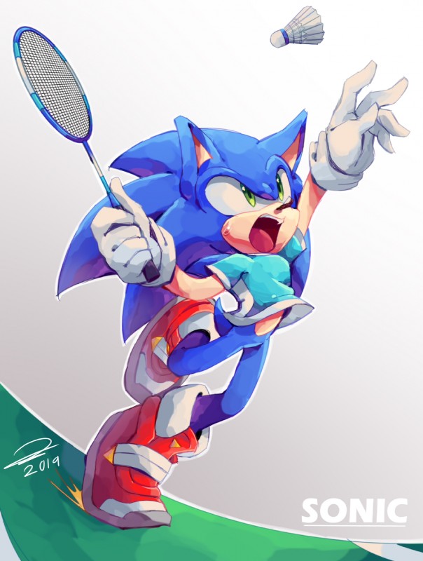 >:o anthro badminton badminton_racket biped bodily_fluids bottomless clothed clothing featureless_crotch footwear gloves green_eyes handwear holding_racket looking_up male open_mouth quills_(anatomy) racket raised_arm shirt shoes shuttlecock solo sport sweat teeth tongue topwear sonicaimblu19 mario_and_sonic_at_the_olympic_games sega sonic_the_hedgehog_(series) sonic_the_hedgehog eulipotyphlan hedgehog mammal 2019 detailed hi_res