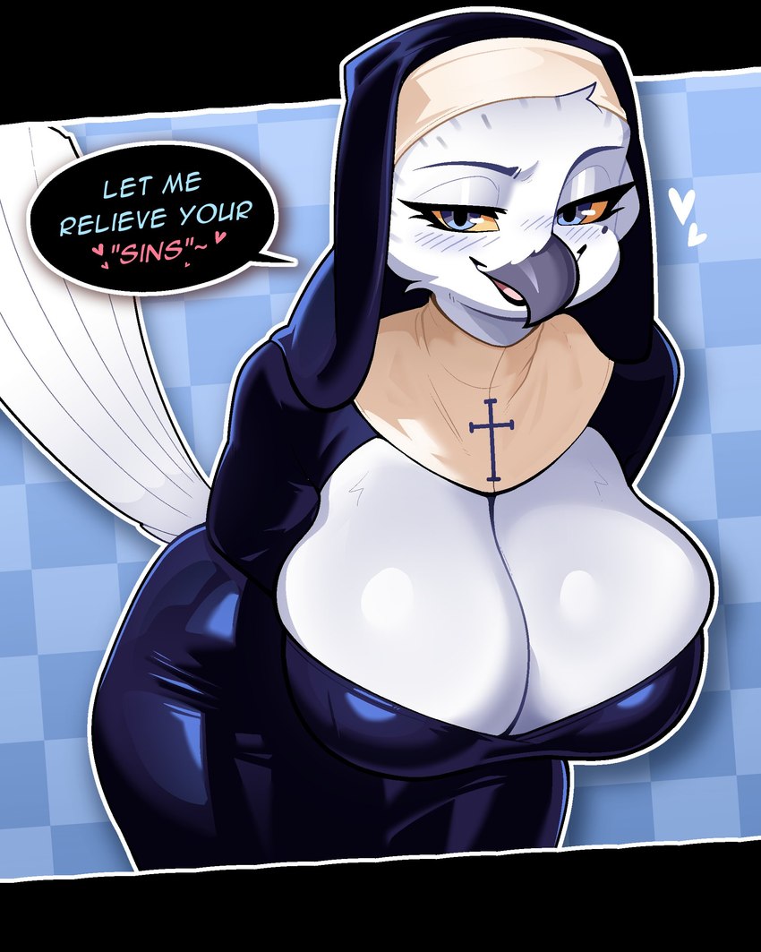 anthro beak big_breasts blue_eyes breasts checkered checkered_background cleavage clothed clothing dialogue eyebrows eyelashes feathers female female_anthro heart_symbol huge_breasts looking_at_viewer markings mole_(marking) mole_under_eye non-mammal_breasts nun nun_outfit open_beak open_mouth pattern_background simple_background solo speech_bubble tail tail_feathers talking_to_viewer text white_body white_feathers yellow_sclera budoti vice_(budoti) avian bird horned_owl owl snowy_owl true_owl 2025 4:5 absurd_res digital_media_(artwork) english_text hi_res portrait