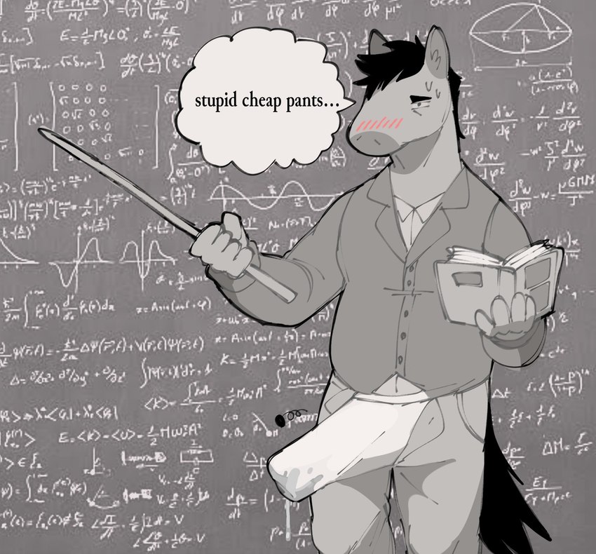 anthro big_bulge blush bodily_fluids book bottomwear bulge chalkboard clothed clothing detailed_bulge diagram directional_arrow dripping embarrassed equation erection erection_under_clothing eyebrows fur genital_fluids hair holding_object huge_bulge inside male narrowed_eyes number pants precum precum_drip precum_through_clothing precum_through_underwear shirt simple_background slightly_chubby slightly_chubby_anthro slightly_chubby_male solo standing sweat teacher tenting text thought_bubble topwear tuft unbuttoned underwear wardrobe_malfunction wet wet_clothing wet_underwear dustifang equid equine horse mammal 2024 english_text greyscale hi_res monochrome