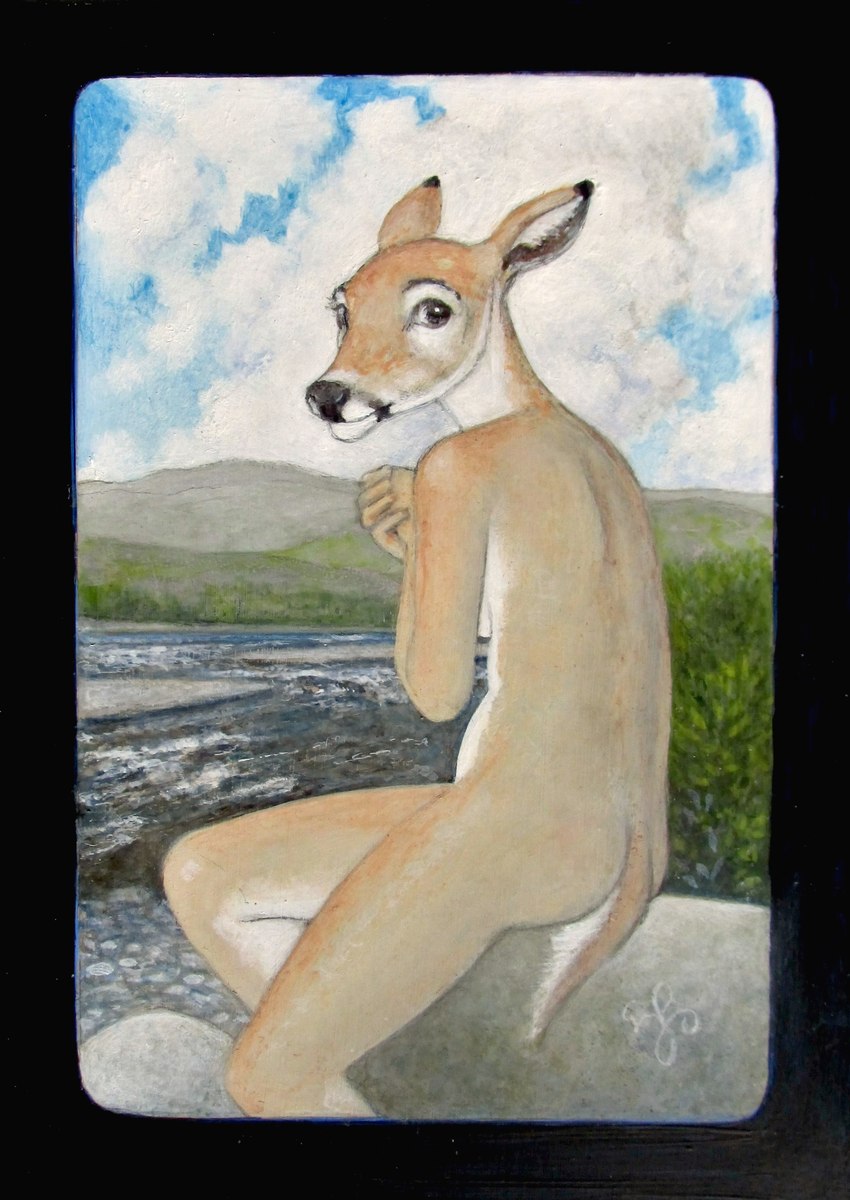 anthro arms_over_breasts barely_visible_breasts black_nose breasts butt cloud covering covering_breasts covering_self female fur grass mountain naturally_censored nude outside plant pose river short_tail side_boob sitting sky smile solo tail tan_body tan_fur tasteful tasteful_nudity water white_body white_fur andibi deer mammal absurd_res acrylic_painting_(artwork) hi_res painting_(artwork) pinup traditional_media_(artwork)