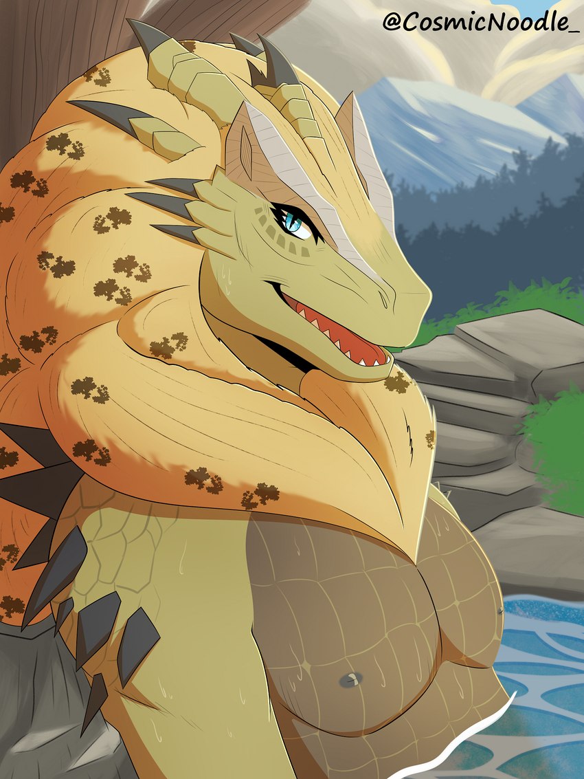 anthro blue_eyes clothed clothing detailed_background green_body looking_at_viewer male nipples open_mouth partially_submerged pecs sky smile smiling_at_viewer solo spikes spikes_(anatomy) teeth tongue topless water yellow_body cosmic_noodle capcom monster_hunter leviathan_(mh) ludroth reptile royal_ludroth scalie 3:4 digital_media_(artwork) hi_res shaded