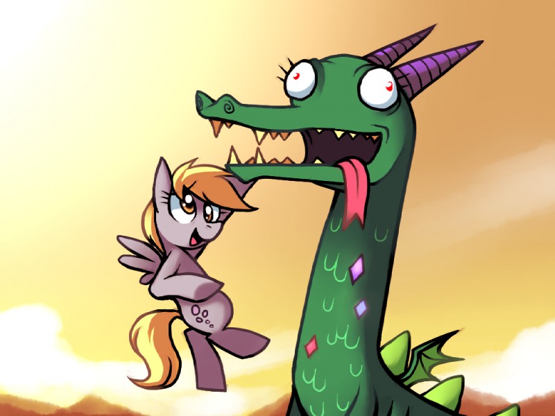 amber_eyes blonde_hair cloud cutie_mark duo feathered_wings feathers female feral fur green_body green_scales grey_body grey_feathers grey_fur hair horn open_mouth outside red_eyes scales sky tail tongue tongue_out wings karzahnii friendship_is_magic hasbro my_little_pony mythology crackle_(mlp) derpy_hooves_(mlp) dragon equid equine mammal mythological_creature mythological_equine mythological_scalie pegasus scalie 4:3