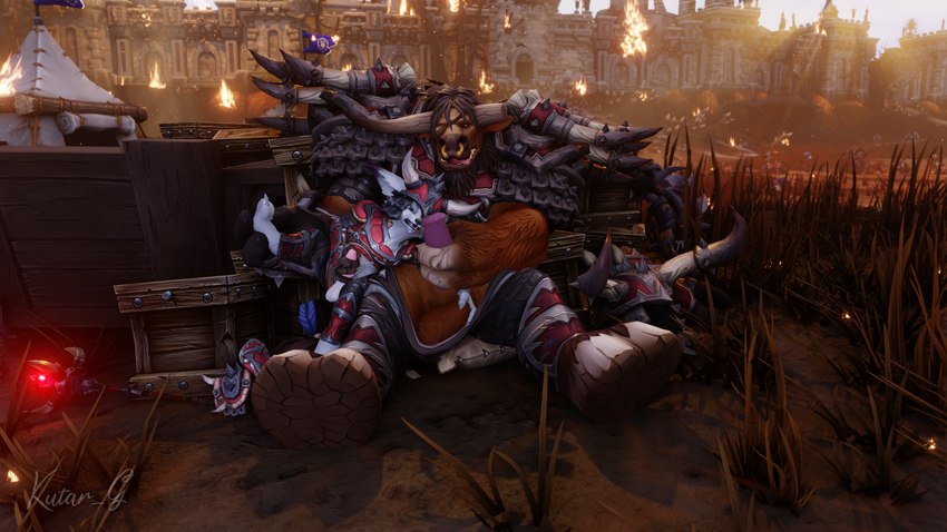 alliance_symbol_(warcraft) animal_genitalia animal_penis anthro armor aroused ball_grab balls big_balls bottomwear bottomwear_down burning burning_building canine_genitalia canine_penis claws clothed clothing detailed_background duo equine_genitalia equine_penis erection eye_patch eyewear facial_piercing feet fire foot_grab fur genitals handjob_while_masturbating headgear helmet hooves horde_symbol_(warcraft) horn horned_helmet light light_beam male male/male nose_piercing on_lap open_mouth pants pants_down partially_clothed penis piercing septum_piercing shoulder_pads sitting sitting_on_ground sitting_on_lap size_difference sky sunbeam sunlight tent toe_claws tongue tongue_out urethra kutar_g blizzard_entertainment warcraft basti_briskmane kutar bovid bovine canid canine fox mammal tauren vulpera 16:9 3d_(artwork) 4k absurd_res blender_(artwork) digital_media_(artwork) hi_res huge_filesize watermark widescreen