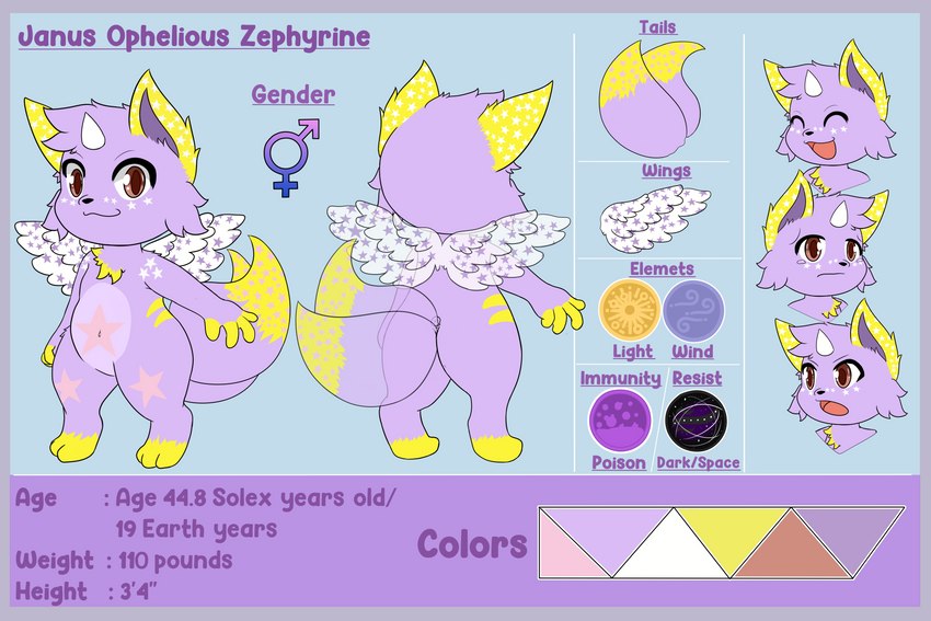 2_tails ambiguous_gender anthro auburn_eyes belly blue_border border chest_tuft head_tuft horn multi_tail solo star tail text tuft wings hiro_catto janus_zephyrine exadian 3:2 absurd_res english_text hi_res model_sheet herm_(lore)