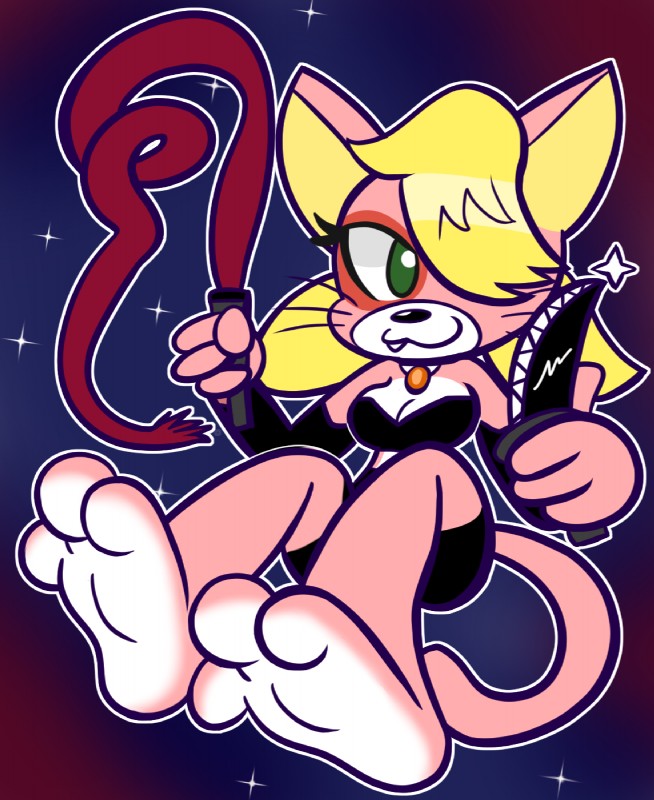 3_toes 4_fingers anthro barefoot biped blonde_hair blue_background breasts cleavage clothed clothing cosmic_background countershade_feet countershading cute_fangs fangs feet female fingers foot_focus gradient_background green_eyes hair hair_over_eye hindpaw holding_knife holding_object holding_weapon knife one_eye_obstructed paws pink_body red_background simple_background smile snaggle_tooth soles solo space space_background teeth toes weapon whip white_soles mintytempest bomberman bomberman_hero hudson_soft konami natia domestic_cat felid feline felis mammal 2019 hi_res