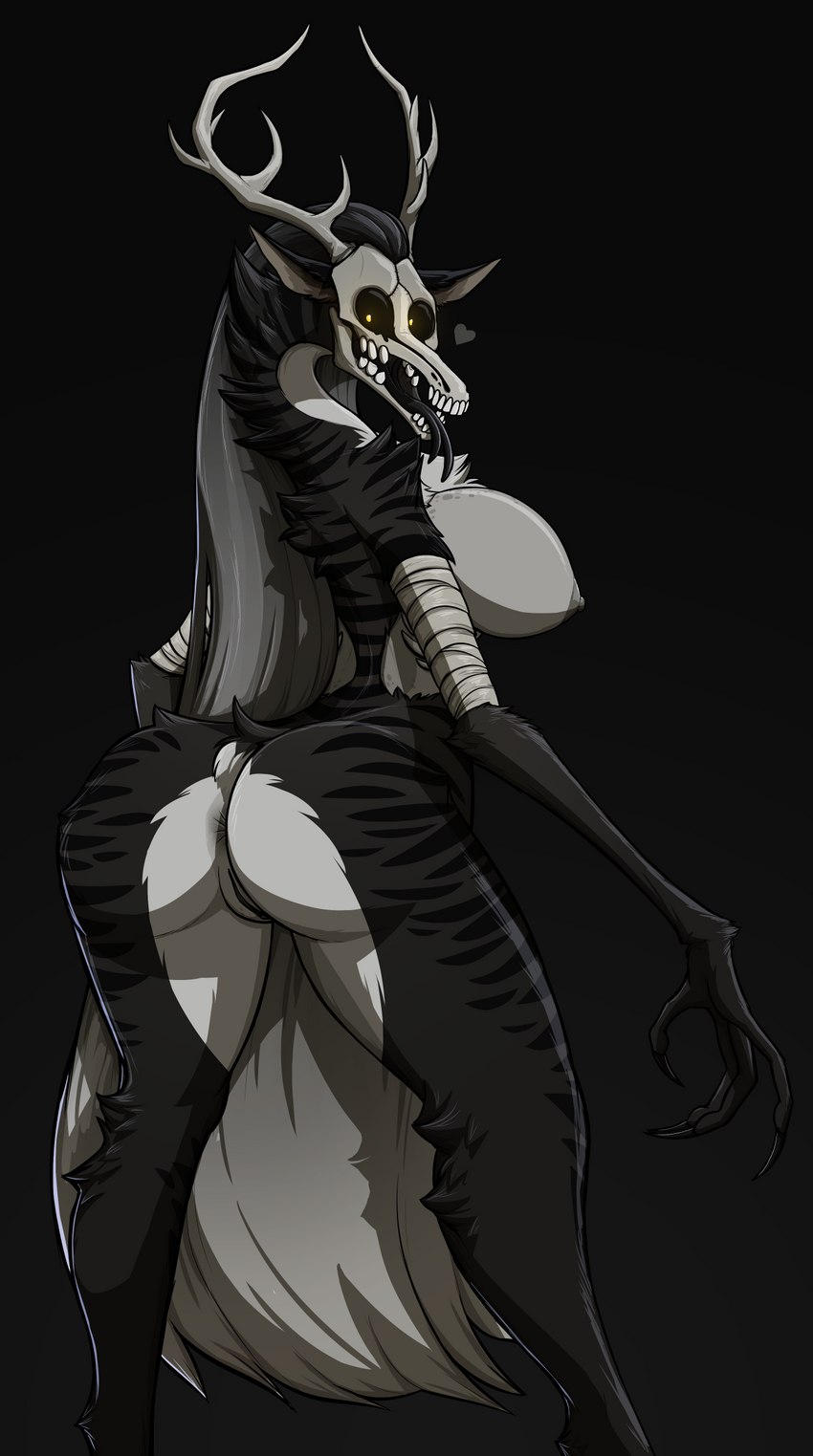 anthro antlers anus arm_wraps big_breasts big_butt biped black_body black_fur black_sclera bone breasts butt chest_tuft claws creepy female forked_tongue fur gauze genitals glowing glowing_eyes grey_body grey_fur grey_hair hair heart_symbol horn huge_breasts long_arms long_fingers long_hair looking_at_viewer multicolored_body multicolored_fur narrow_arms nipples open_mouth pupils pussy simple_background skull skull_head solo stripes thick_thighs tongue tuft white_body white_fur wide_hips wraps yellow_eyes yellow_pupils keadanger american_mythology indigenous_north_american_mythology mythology north_american_mythology mammal monster wendigo absurd_res digital_media_(artwork) hi_res shaded