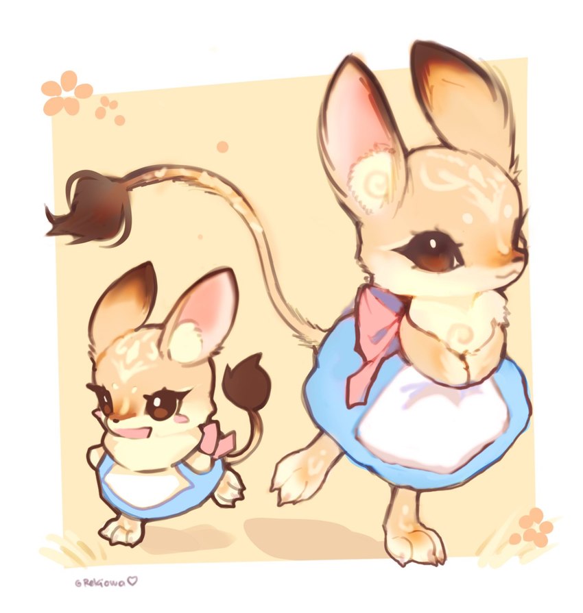 anthro blush bow_ribbon brown_eyes chibi claws clothing dress eyelashes female flower fur grass heart_symbol inner_ear_fluff looking_at_viewer open_mouth paws plant raised_leg simple_background solo tail tan_body tan_fur tuft rekiowaa dipodid jerboa mammal rodent 2024 hi_res signature