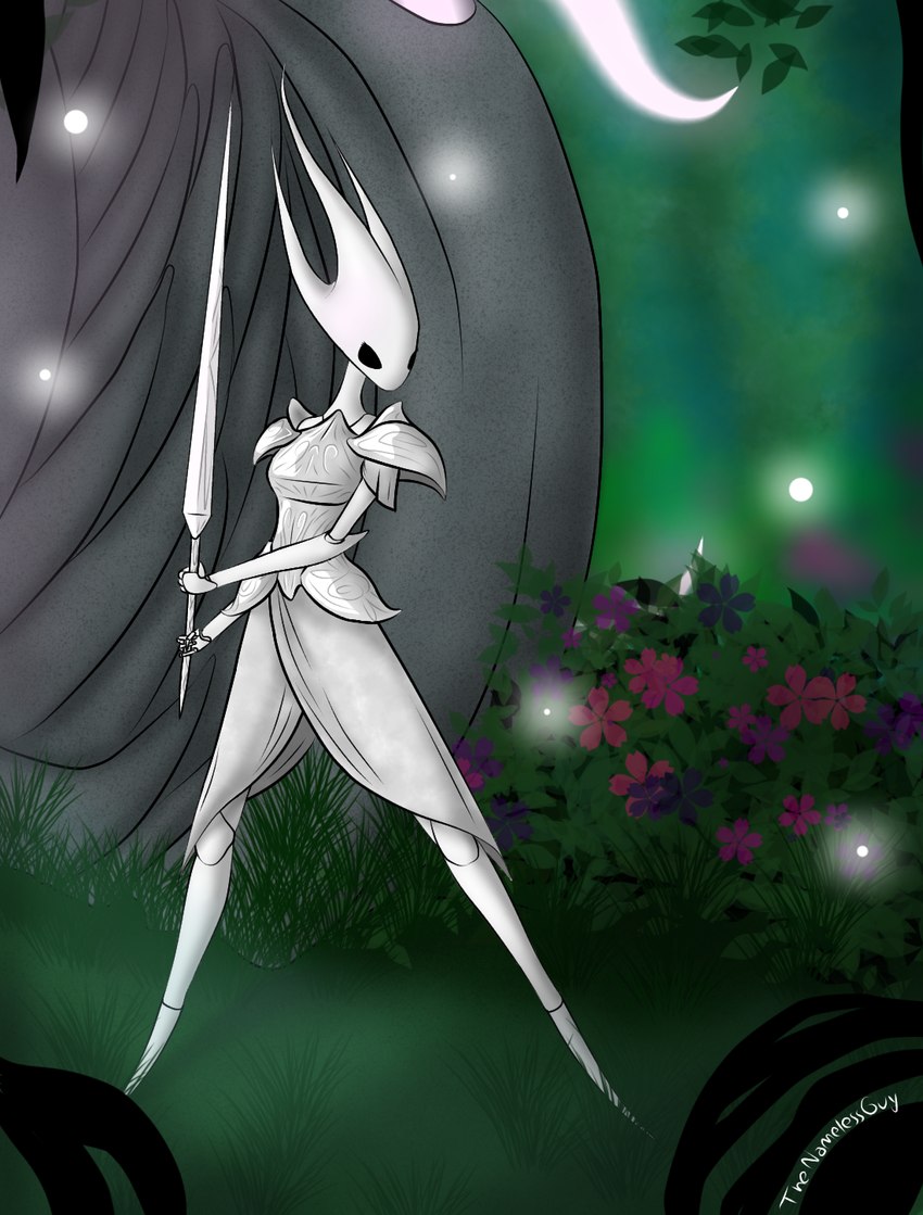 anthro armor bottomwear clothing dress female fighting_pose forest forest_background garden melee_weapon nail_(weapon) nature nature_background plant pose skirt slim solo tree weapon white_armor white_body white_bottomwear white_clothing white_dress white_skirt the_nameless_guy hollow_knight team_cherry dryya_(hollow_knight) arthropod insect hi_res