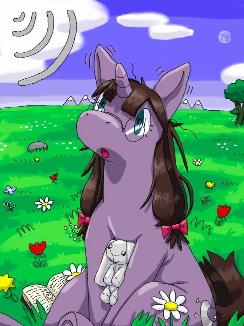 book cutie_mark eyewear female feral flower glasses grass horn plant plushie solo mimill3 hasbro my_little_pony mythology fan_character para_phenomena equid equine mammal mythological_creature mythological_equine unicorn hi_res