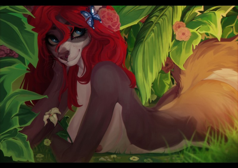 anthro blue_eyes breasts butterfly_(accessory) female flower hair leaf lying nipples nude on_front outside plant red_hair smile solo witchness nova_nox_(wittykilf) arthropod butterfly canid canine insect lepidopteran mammal