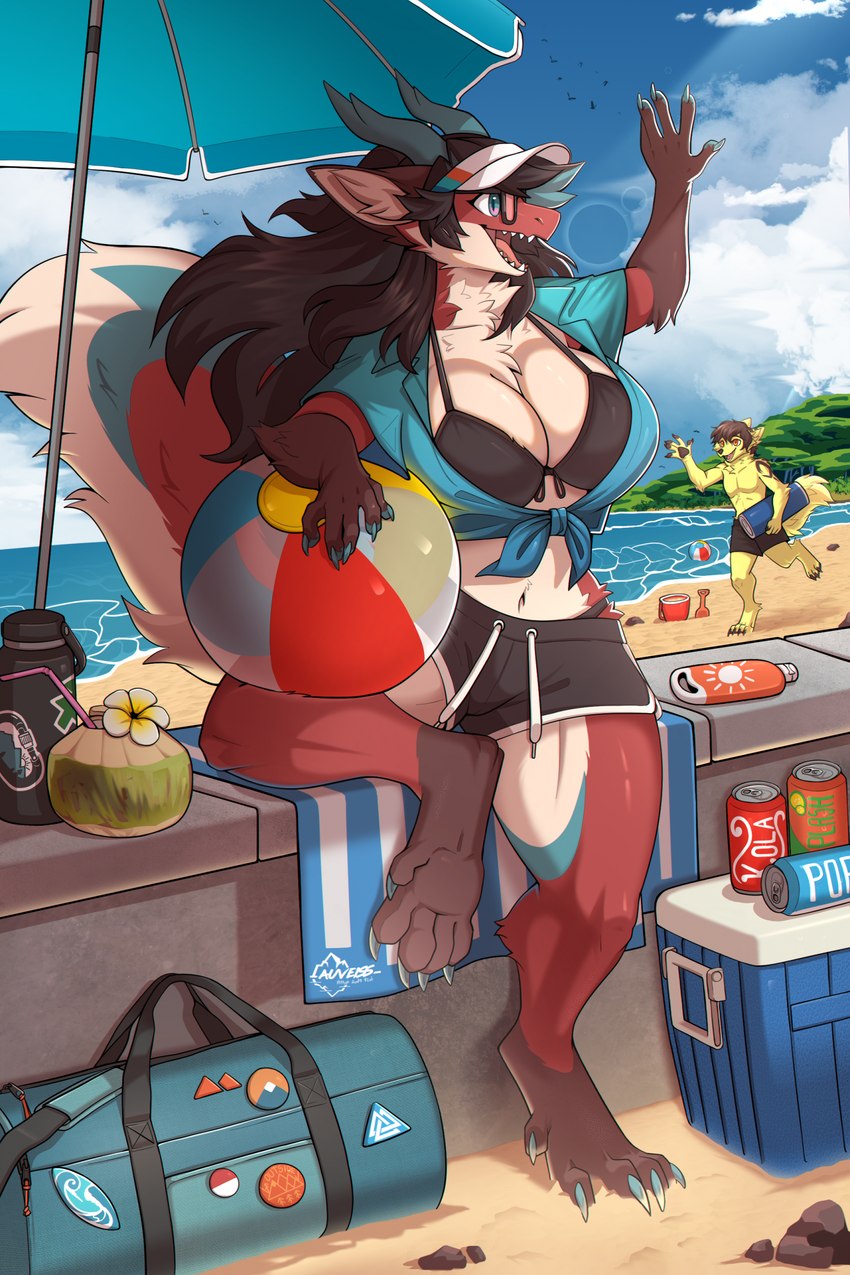 anthro bag ball beach beach_ball beverage beverage_can big_breasts breasts clothing cloud coconut day detailed_background digitigrade drupe_(fruit) duo eyewear female fluffy fluffy_tail food fruit fur gesture hair hat headgear headwear horn huge_breasts inflatable long_hair male outside plant running sand sea sitting sky summer sunglasses sunscreen swimwear tail teeth tongue umbrella water waving auveiss mythology vyse_renata canid canine canis dragon furred_dragon furred_scalie hybrid mammal mythological_creature mythological_scalie scalie wolf digital_media_(artwork) hi_res signature