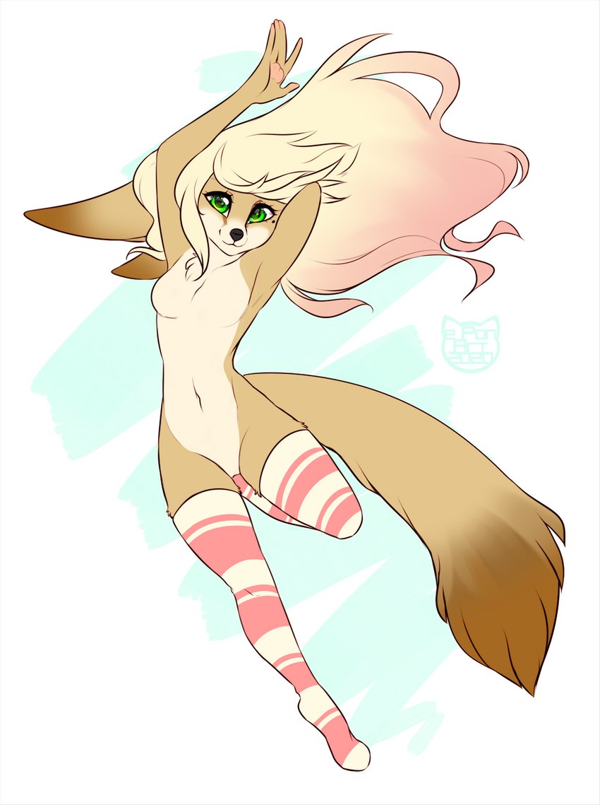 anthro clothing female hair legwear markings mole_(marking) smile solo thigh_highs e-pon canid canine fennec_fox fox mammal true_fox hi_res