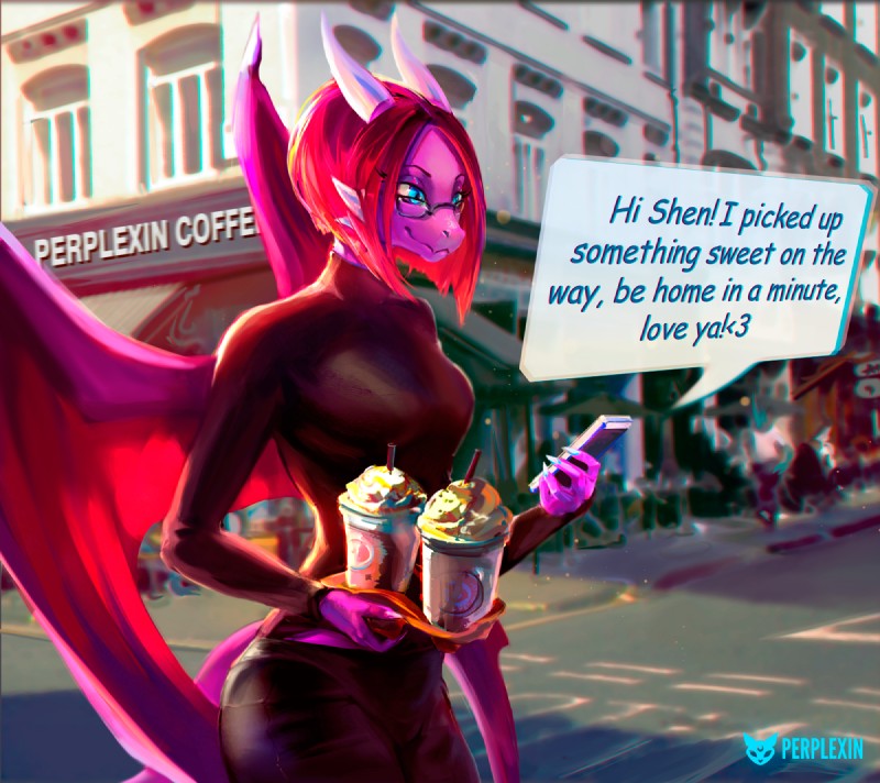 anthro beverage blue_eyes bottomwear breasts clothing coffee container cup disposable_cup electronics eyewear female glasses hair horn membrane_(anatomy) membranous_wings non-mammal_breasts pants phone purple_body purple_skin solo sweater tail text topwear turtleneck wings perplexin european_mythology mythology demalyx dragon mythological_creature mythological_scalie scalie western_dragon 2018 digital_media_(artwork) english_text signature