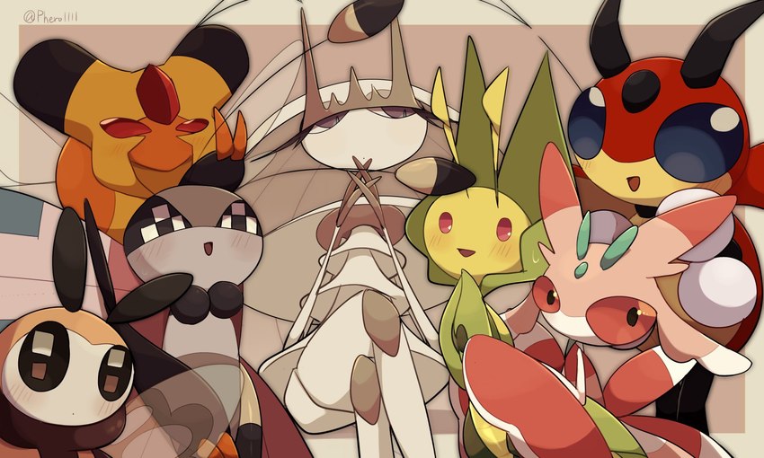 ambiguous_gender anthro blush female group looking_at_viewer red_eyes pheromosa1111 nintendo pokemon arthropod bee butterfly generation_2_pokemon generation_4_pokemon generation_5_pokemon generation_6_pokemon generation_7_pokemon hymenopteran insect leavanny ledian lepidopteran lurantis meadow_vivillon pheromosa pokemon_(species) ribombee ultra_beast vespiquen vivillon hi_res