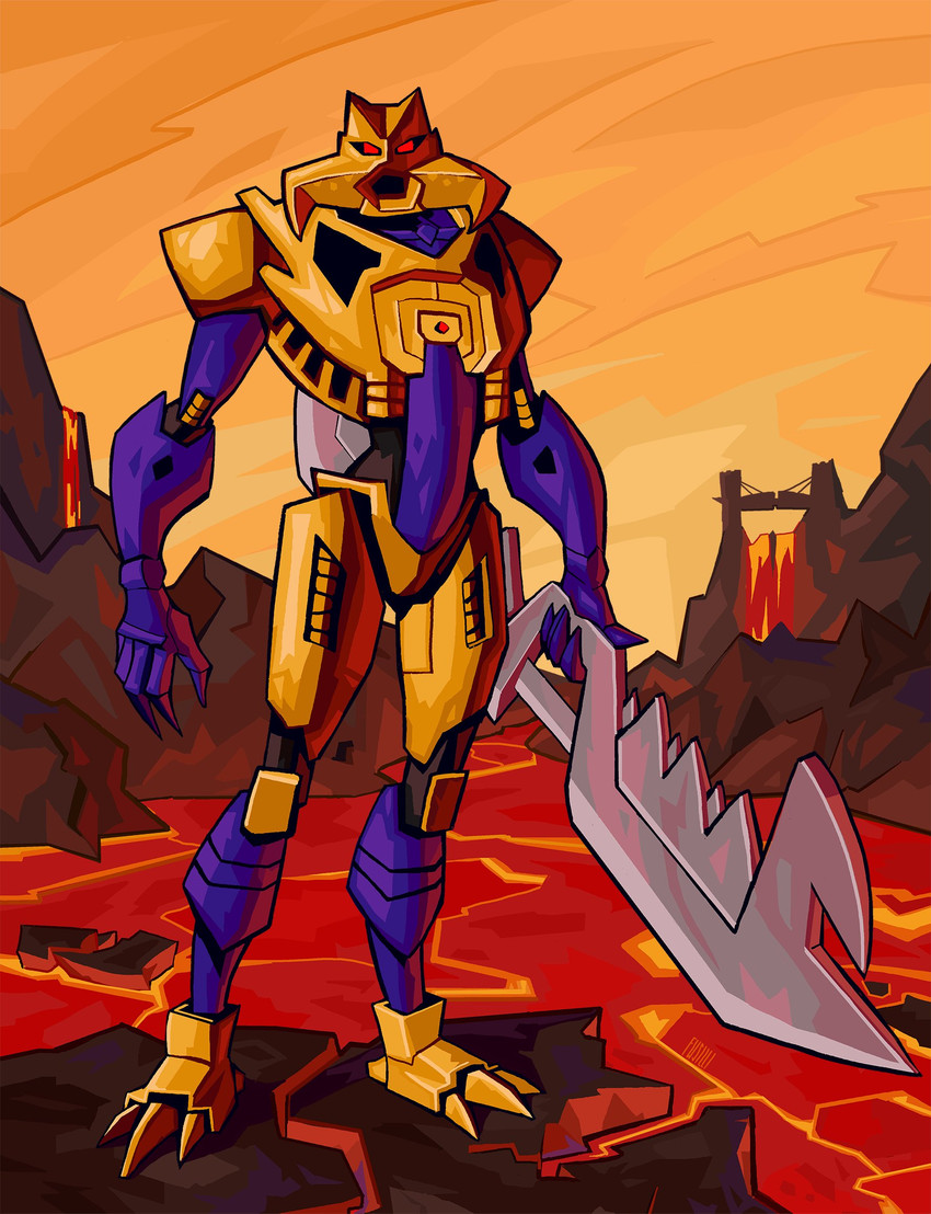 3_toes 5_fingers armor biped bladed_weapon blue_body claws detailed_background feet fingers gold_body holding_object lava lava_pool lavafall looking_at_viewer machine male mask melee_weapon multicolored_body not_furry outside red_eyes simple_background sky solo standing sword toe_claws toes volcano weapon fusilli bionicle lego brutaka humanoid living_machine robot digital_drawing_(artwork) digital_media_(artwork) hi_res