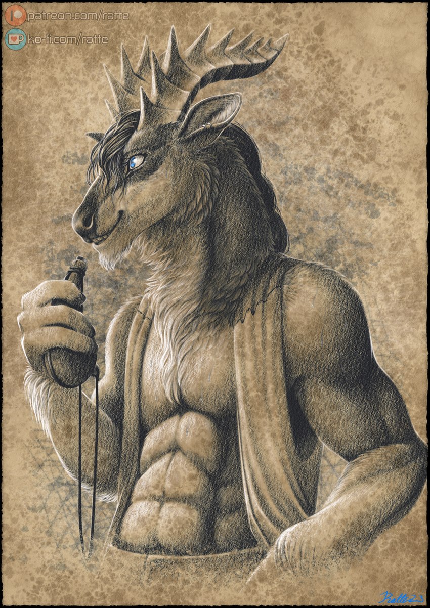 abs anthro black_hair blue_eyes brown_background clothing flask hair horn male piercing simple_background smile solo text conditional_dnp ratte ko-fi legacy_(ratte) patreon kuri_(ratte) bovid caprine goat mammal ramiotran savanna_ramiotran 2023 bust_portrait digital_drawing_(artwork) digital_media_(artwork) hi_res monochrome partially_colored portrait signature url